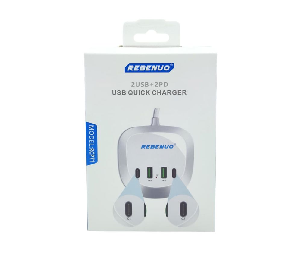 شاحن مكتبي سريع RCP 71 REBENUO بـ 4 منافذ (2 USB + 2 PD) - قوة شحن فائقة وتصميم عصري_thumbnail_0
