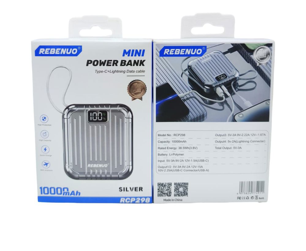 شاحن متنقل (باور بانك)  REBENUO MINI RCP 298- سعة 10000mAh - تصميم عصري وكابلات مدمجة_thumbnail_0