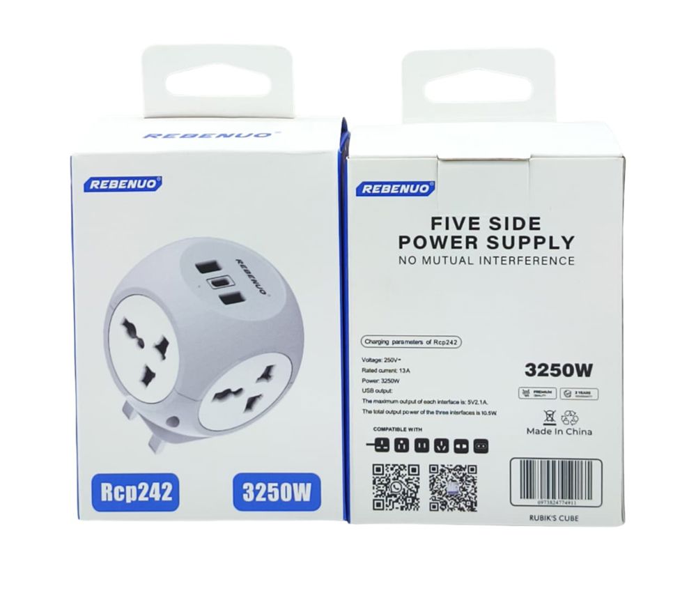 مكعب الطاقة الذكي 242 RCP Rebenuo بقوة 3250 واط - توصيلة 7 في 1 بـ (منفذين USB + منفذType-C+  4منافذ مخارج كهرباء